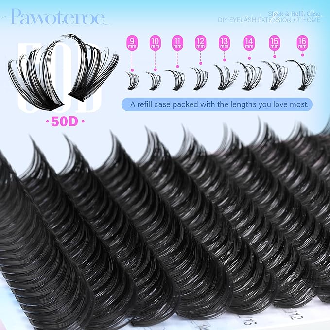 Pawotence Lash Clusters 200pcs Individual Lashes 50D Cluster Eyelash Extensions 9-16mm Eyelash Clusters Lash Extensions for Self Application (50D, 0.07D, 9-16mm Refill)