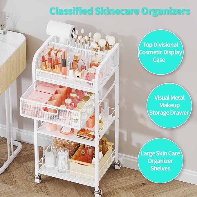 HapiRm Makeup Organizer Storage Cart - 4 Tier Skincare Make Up Storage with Drawer, Rolling Makeup Cart Vanity Organizer Cosmetics Display Cases Holder for Skin Care Perfume Nail Polish Brush
