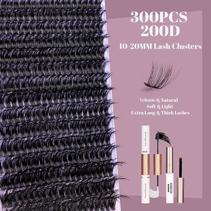 Ocean Pearl Lash Clusters 10-20mm 200D 300PCS Lashes DIY Lash Clusters Kit Individual Lashes Cluster Eyelash Extensions Natural Eyelashes DIY Eyelash Extension Kit with Bond+Seal+Remover+Tweezer-200D