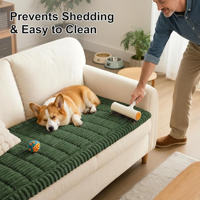 Smiry Couch Cover for Dogs Washable, Non Slip Fuzzy Pet Couch Covers for 3 Cushion Sofa Pet Friendly, Thick Soft Sofa Slipcovers Cushion Protector (Dark Green, 27.6" x 27.6")