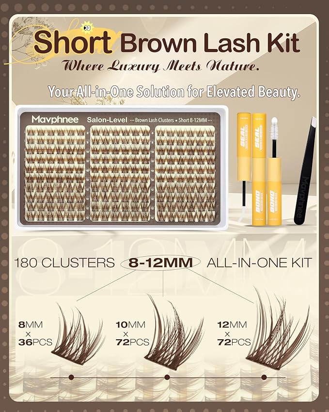 8-12MM Brown Lash Clusters Kit Natural Eyelash Clusters Wispy Cluster Eyelash Extensions Kit Fluffy Individual Lash Extensions with Bond and Seal for Soft Glam (180Pcs, C Curve)