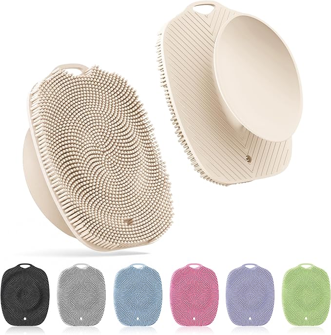 Soft Silicone Body Scrubber, Gentle Like a Hand Exfoliating Your Skin and Build Up Lather Easily, Back Large Suction Cup Easy to Store, Long-Lasting & Deep Clean (Beige)