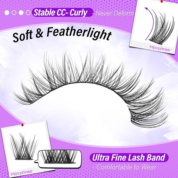 Lash Clusters Wispy Lash Extension Natural Cluster Eyelash Extension 132 Pcs CC-Curly Eyelash Individuals 10-16MM DIY Lashes Beginner-friendly Soft Cluster Lash Pack for Daily Wear by Mavphnee