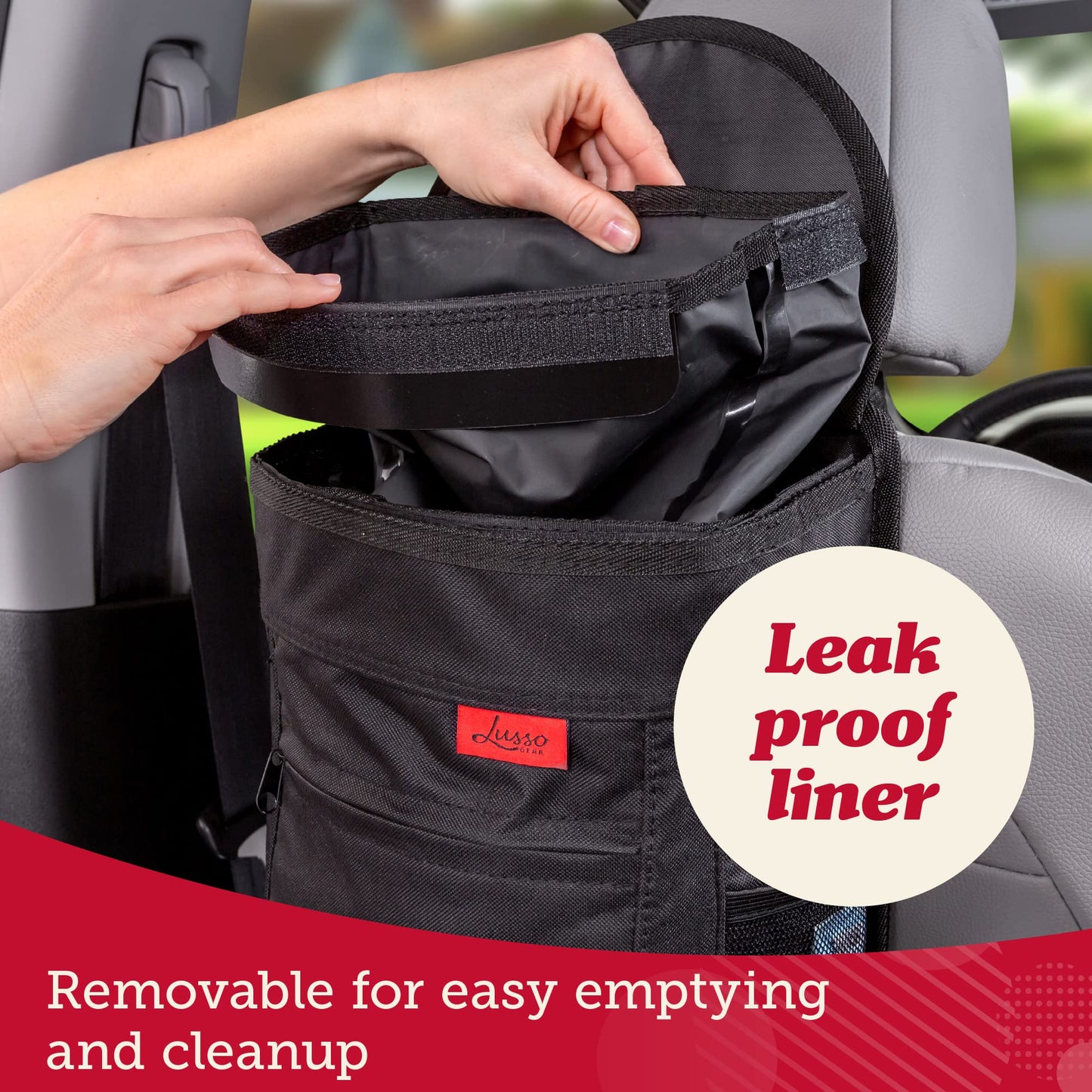 Lusso Gear Car Trash Can - 2.5-Gallon, Black, Round - Leak-Proof & Spill-Proof Lid & Waterproof Removable Liner - Hanging Car Trash Bin & Organizer for SUV, Truck & Minivan