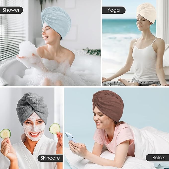 TENSTARS 5 Pack Thicken Microfiber Hair Towel Wrap for Women - Elastic Loop Design - 320GSM Coral Velvet - Quick Dry Hair Turban - 11x28 Inch (Cream+White+Brown+Light Teal+Grey)