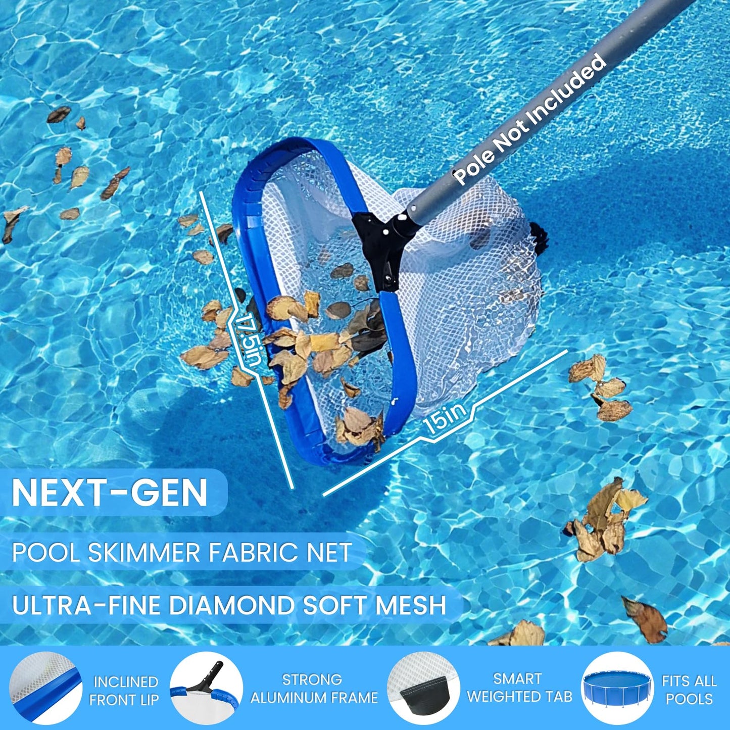 Poolvio 17.5" Pool Net – Heavy Duty Leaf Net with Aluminum Frame with Diamond-Pattern Ultra-Fine Soft Mesh Bag – Pool Cleaning Net for Leaves, Sand, Pollen & Small Debris (No Pole)
