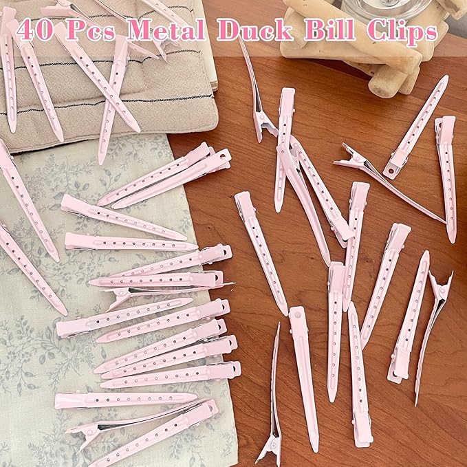 40 PCS 3.5 Inch Pink Duck Billed Clips,Metal Alligator Curl Hair Clips with Holes for Styling, Coloring, Thick Hair Rollers, Salon Use,Alligator Clips for Women for Thick Hair & Thin Hair,Pink