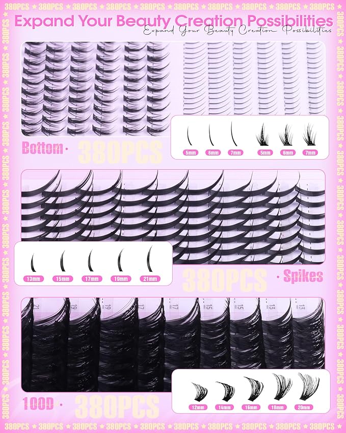 Wispy Lash Clusters with Spikes Volume Eyelash Clusters with 2 Styles Bottom Lashes 100D Mink Cluster Eyelash Extensions 380PCS Spiky Individual Lashes with Bottom Lash Clusters by Boahankuke