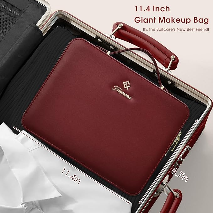 Faquenc Leather Makeup Case with LED Lighted Mirror 11.4 Inch Travel Makeup Bag Adjustable Brightness in 3 Colors Cosmetic Organizer Artist Storage Bag with Dividers Brush Holder Bag Vanity Red