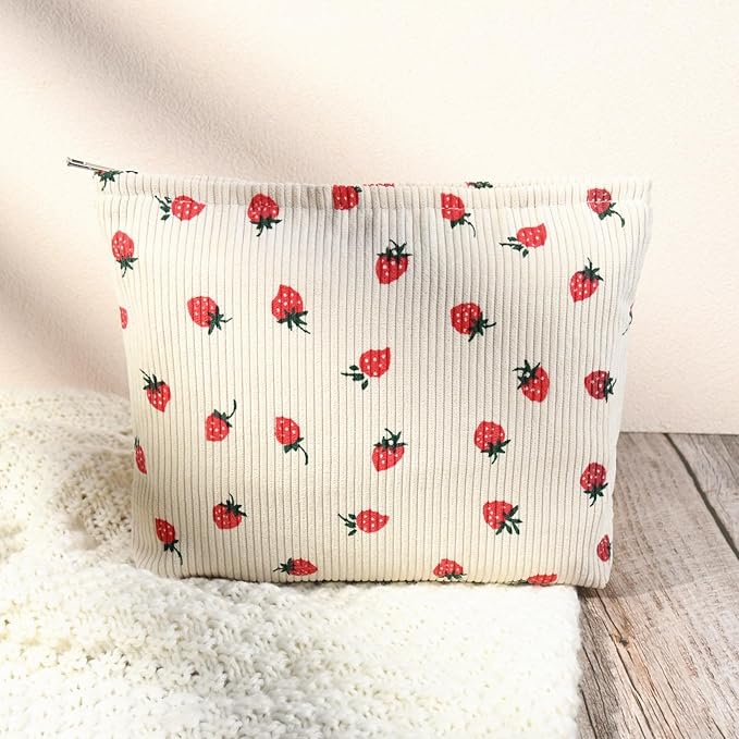 SOIDRAM 2 Pcs Cute Makeup Bag Large Cosmetic Bag Toiletry Bag Makeup Pouch Travel Bag Organizer Cute Makeup Brushes Aesthetic Accessories Storage Bag for Women Strawberry Beige