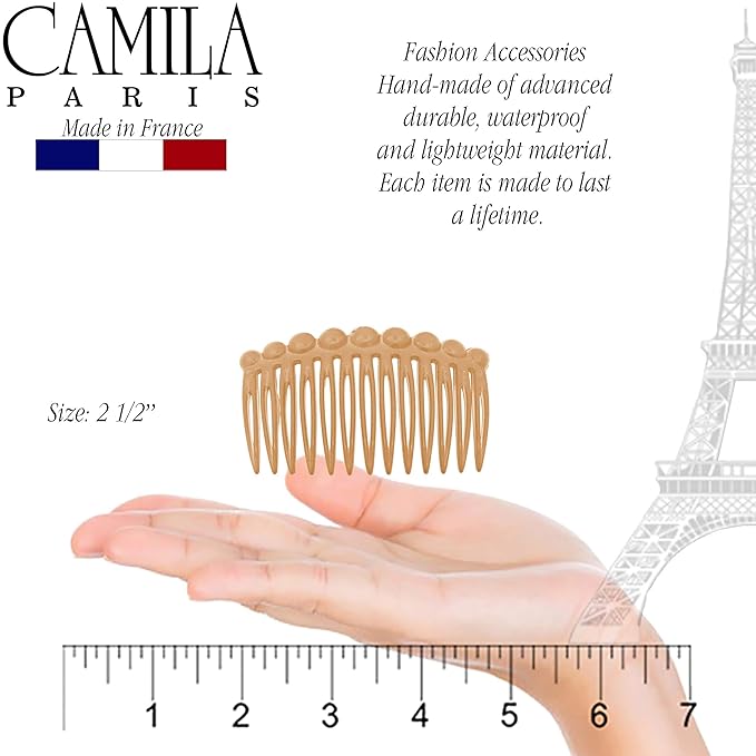 Camila Paris CP2892/2 French Hair Side Comb Small Rounded, Beige French Twist Hair Combs Decorative, Strong Hold Hair Clips for Women Bun Chignon Up-Do Styling Girls Hair Accessories, Made in France