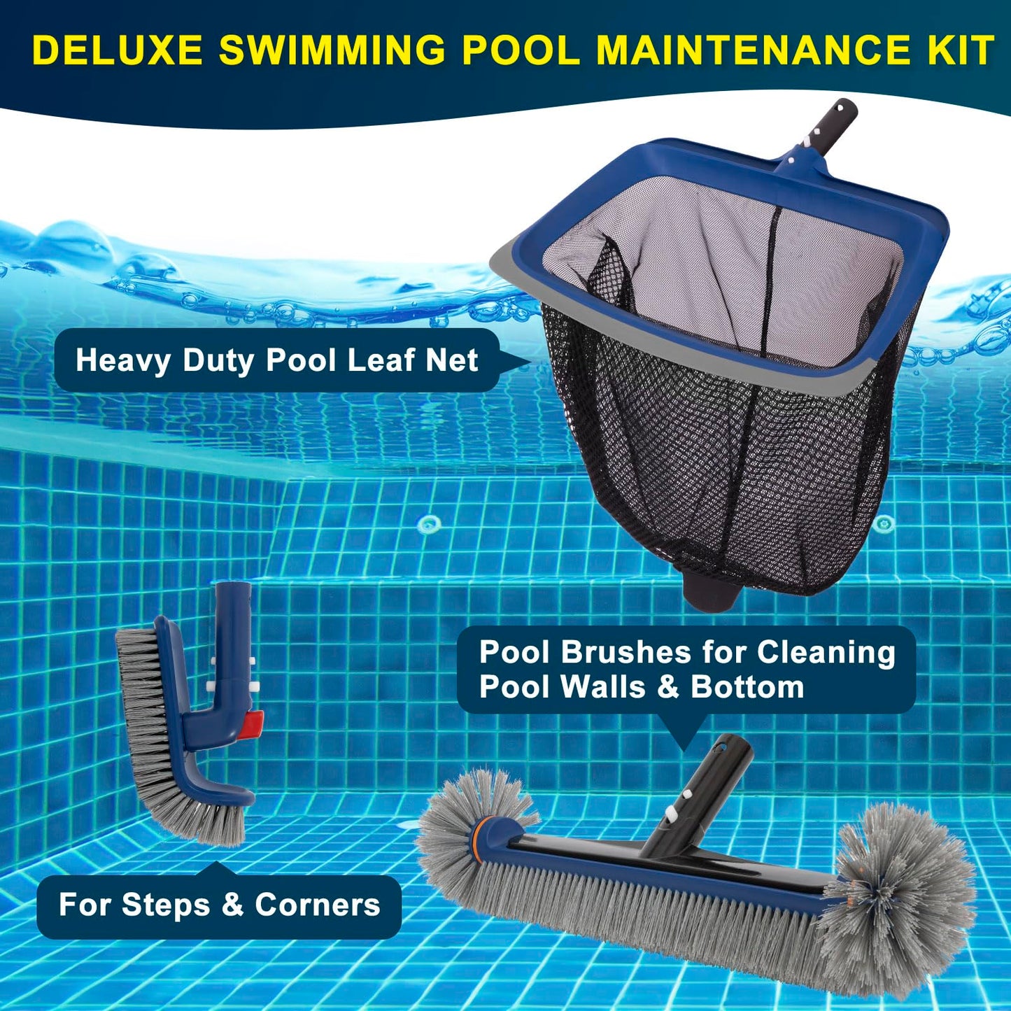 Deluxe Swimming Pool Cleaning Kit Including Pool Skimmer Net with Rubber Edge, 17.5" Pool Brush Head & Rotatable Pool Scrub Brush, Heavy Duty Pool Cleaning Kit Inground & Above Ground Pool (No Pole)