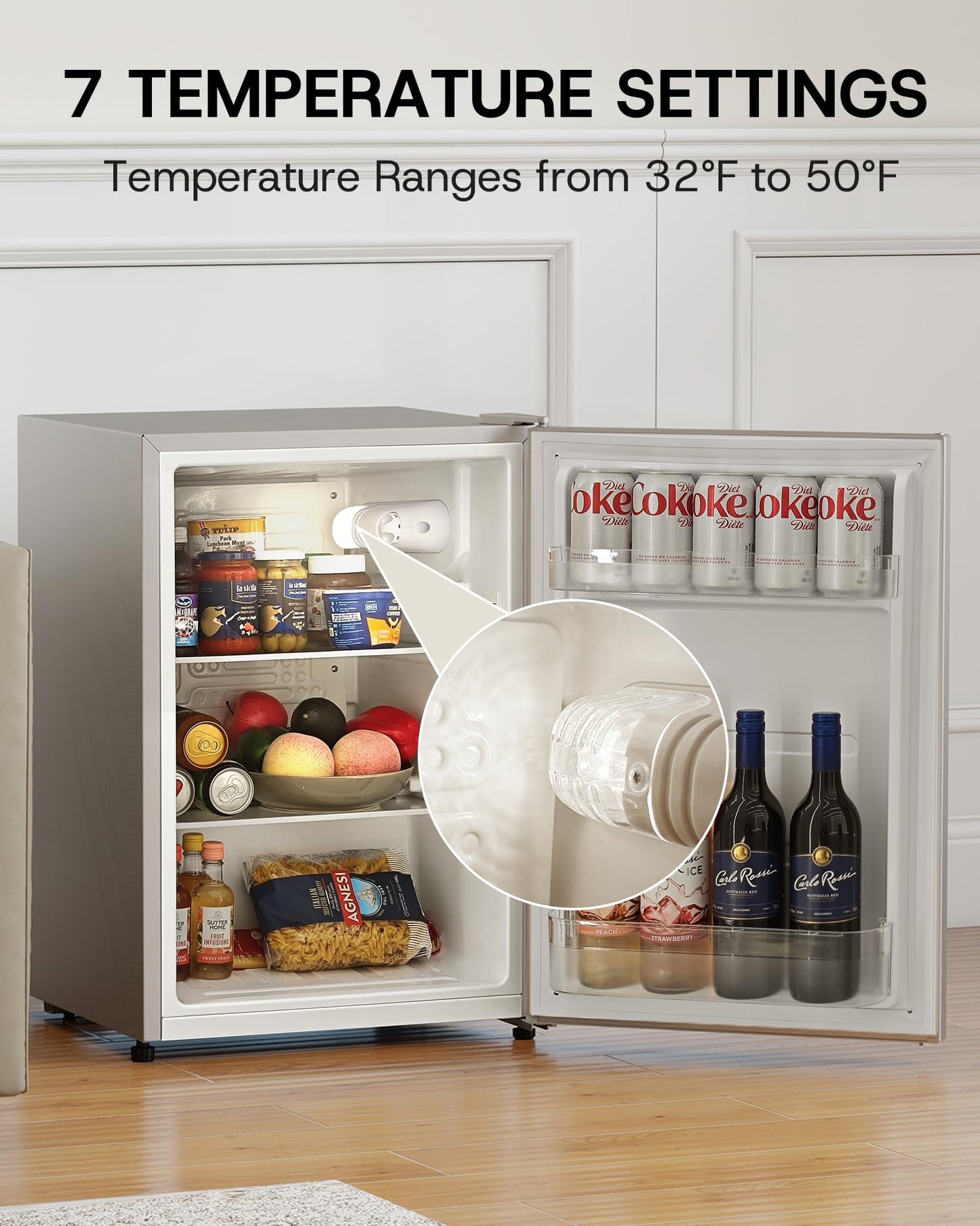 Upstreman 2.5 Cu.Ft All-Refrigerator Mini Fridge, Single Door Small Refrigerator, Dorm Fridge with 7 Adjustable Thermostat, Compact Refrigerator for Office, Bedroom or Dorm, Silver-CR26
