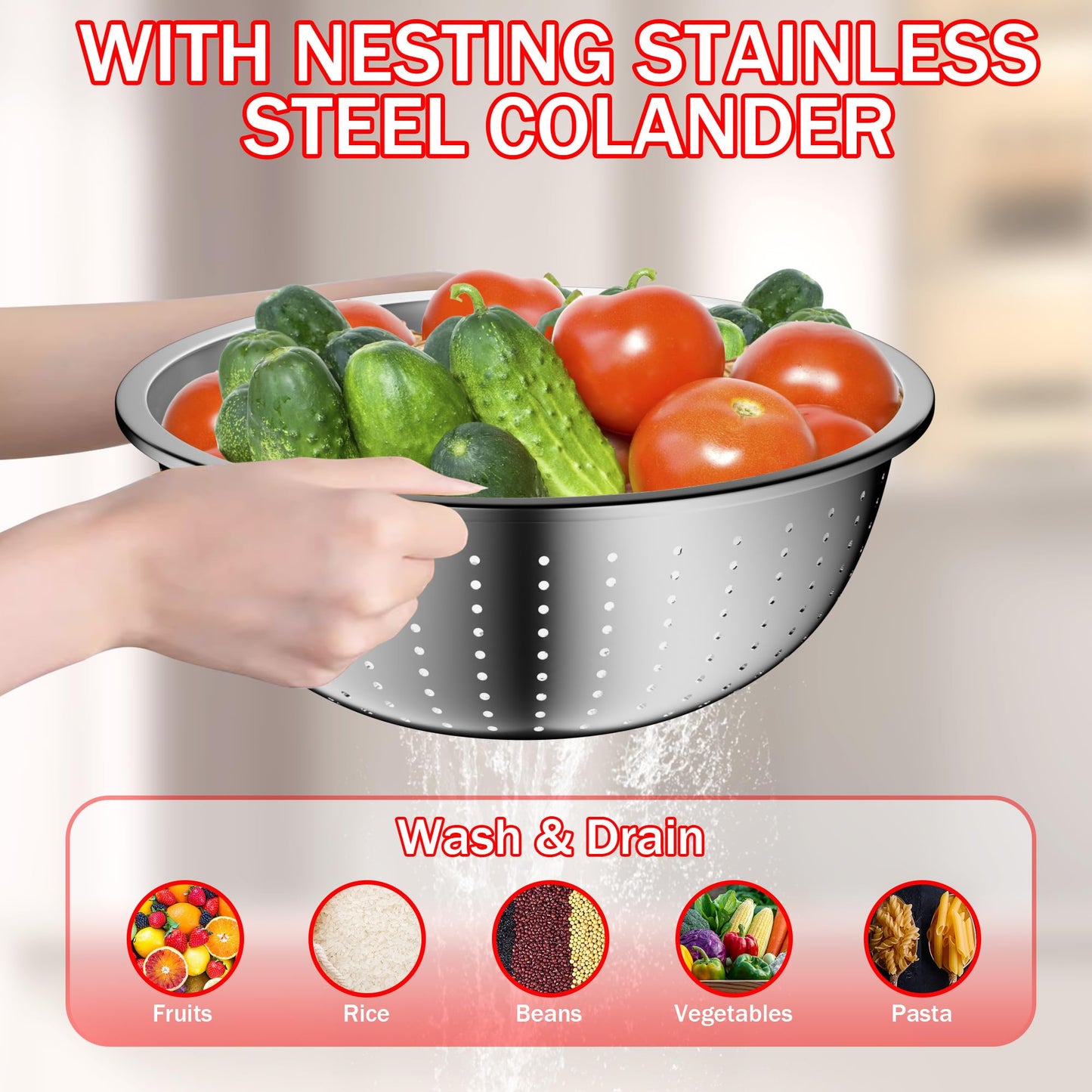 DUTZUN Mixing Bowls with Strainer, Mixing Bowl with Lids Set, Stainless Steel Mixing Bowls, Kitchen Gadgets 2025 Salad Bowls with Strainer for Mixing & Preping & Baking, Multicolor