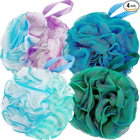 Fu Store Loofah Sponge Shower Loofahs 60g Bath Sponges Mesh Balls 4 Colors for Body Scrubber Exfoliator Wash Back Scrubbers Bathroom Men Women - 4 Pack Cleaning Bathing Accessories