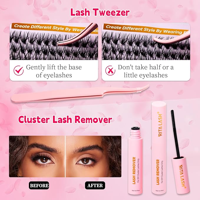 Lash Extension Kit 60D+100D Cluster lash kit Mixed Length D Curl Clusters Eyelash Extension Kit with LashBond & Seal & Remover & Tweezers, Lash Clusters DlY False Eyelashes, Summer Makeup 8-16mm
