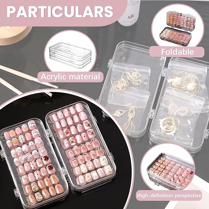 2 Pack Tri-Fold Press On Nail Organizer Case - 4-Page Portable Storage Box for Fake Nails, Clear PET Plastic Travel Holder (6ÃÂ3.2ÃÂ1.8 inch)