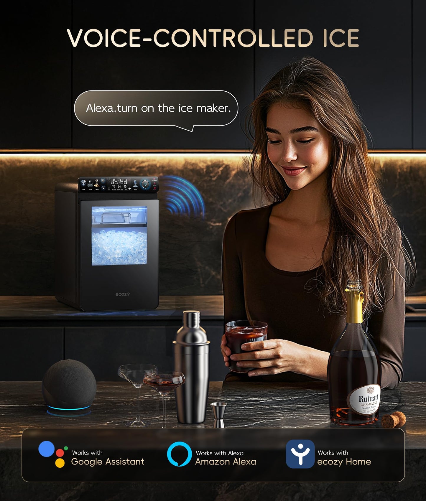 ecozy Nugget Ice Maker Countertop, Smart Pebble Ice Machine with APP Control, 44 lbs Per Day Soft Pellet Chewable Ice with Self-Cleaning, Black
