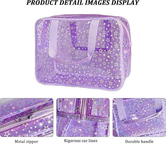 Clear Star Large Cosmetic Bag and Travel Pouch with Handle,Durable Material,Zipper Design-Ideal for Makeup,Travel Essentials (Purple+Shiny Star)