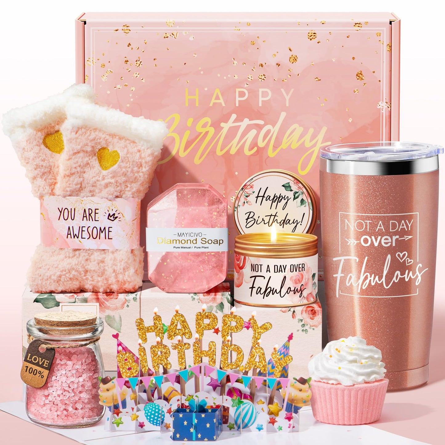 Birthday Gifts for Women Friendship, Rose Relaxing Spa Gifts Basket Set for Women, Self Care Gift Unique Happy Birthday Gifts Idea for Mom Her Best Friend Sister Wife Girlfriend Coworker Teacher Nurse