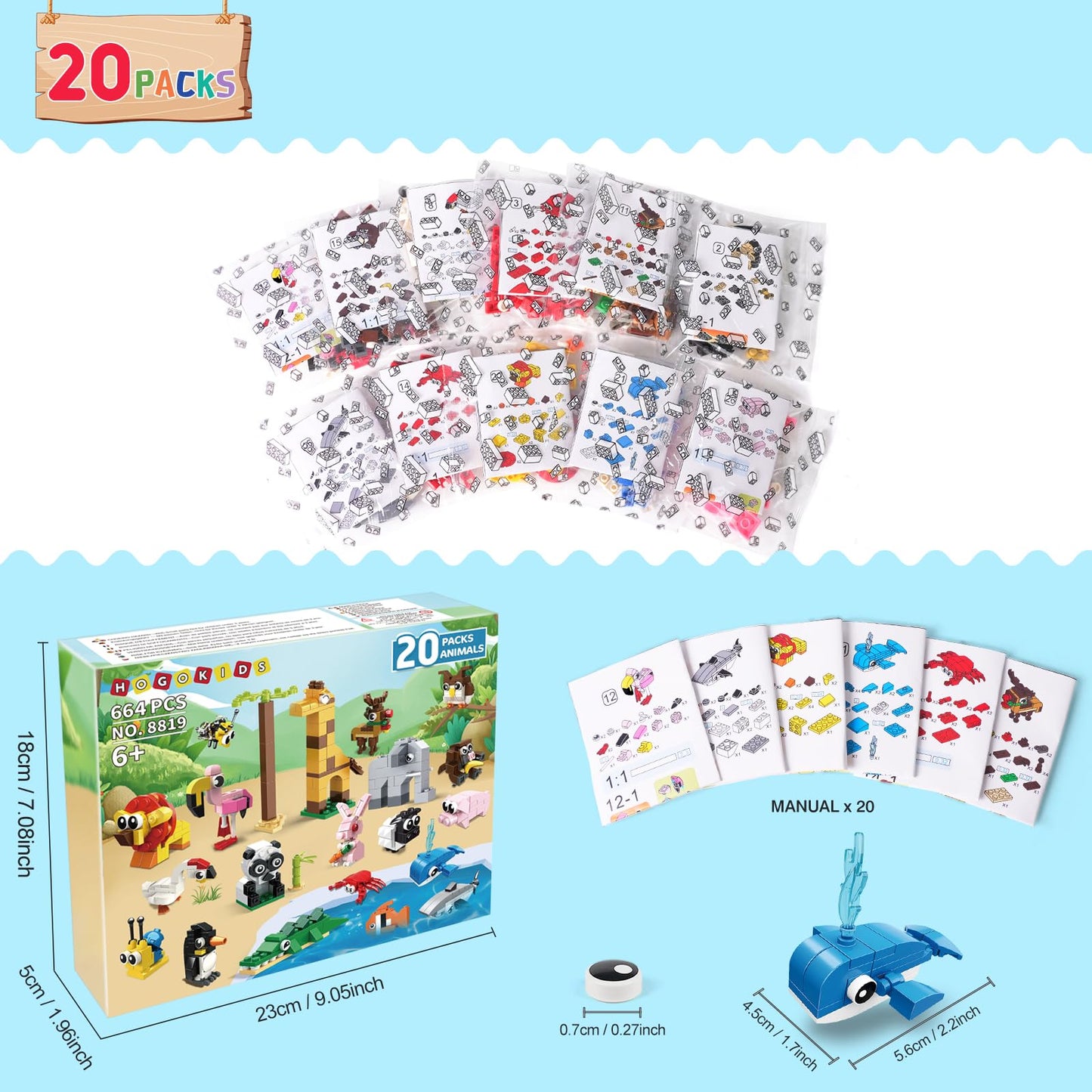 HOGOKIDS Party Favors for Kids - 20 Pack Animals Building Blocks Toy for Easter Gifts Goodie Bags Stocking Stuffer Classroom Prizes Building Set, Valentines Day Birthday Gift for Boys Girls Ages 6-12