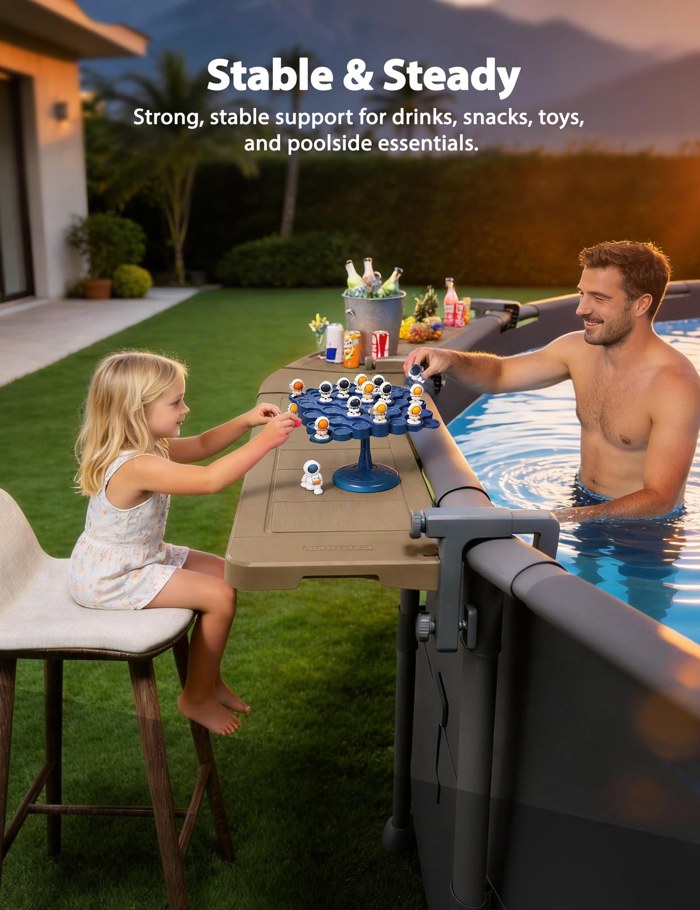 POOLHACKER Poolside Bar Extended for Above-Ground Round Pools, Original Swim-Up Bar Table, Foldable Patio Poolside Table, Weather-Resistant Stable Tabletop, Easy Maintenance, Brown