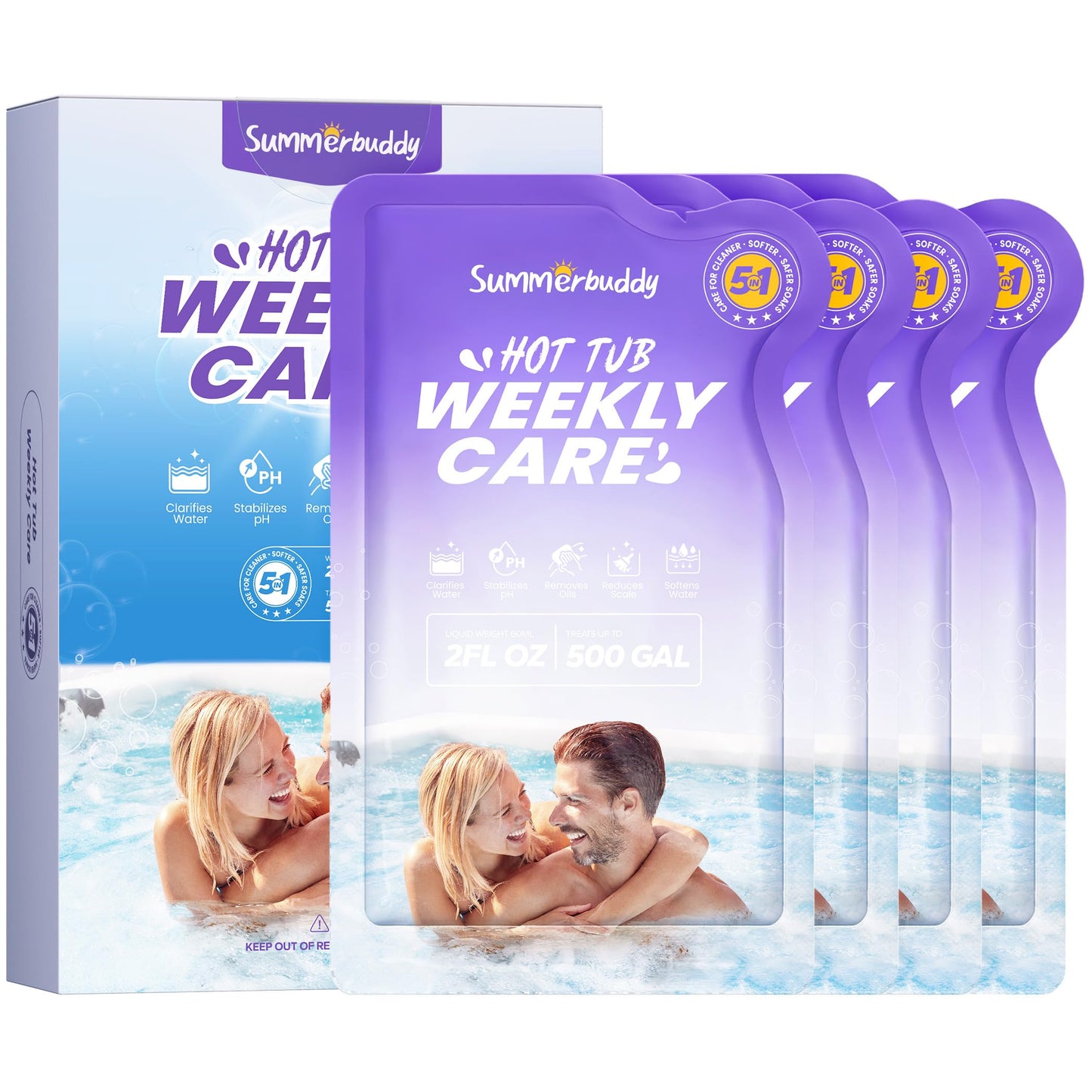 SummerBuddy 5-in-1 Weekly Hot Tub Cleaner, Clarifier, Conditioner – Spa Weekly Care Controls Oils & Residue, Helps Keep Water Balanced All Week – Ideal for All Spa Types (4-Week Kit)