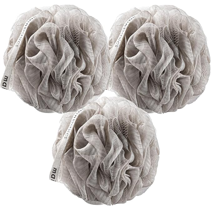 MainBasics Bath Shower Loofah Sponge Pouf Body Scrubber Exfoliator Body Wash Sponge (Set of 3, Totally Taupe)