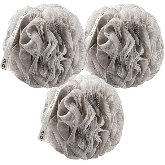MainBasics Bath Shower Loofah Sponge Pouf Body Scrubber Exfoliator Body Wash Sponge (Set of 3, Totally Taupe)