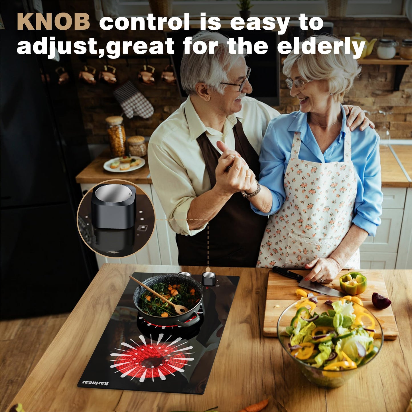Karinear 110V Electric Cooktop 2 Burners, 12 Inch Electric Stove with Plug in, Countertop & Built-in Ceramic Stove Top, Knob and Sensor Touch Control, Multifunctional Radiant Stove(Silver knob)