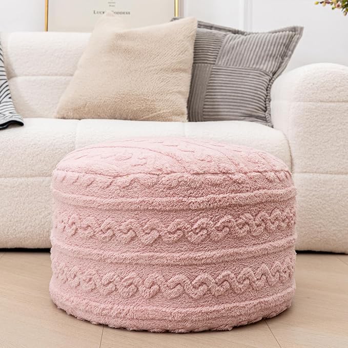 Pouf Ottoman Stuffed 20x20x12 Inches Floor Pouf Plush Fiber Ottoman Foot Rest Under Desk Foot Stool for Living Room Bedroom (Pink)