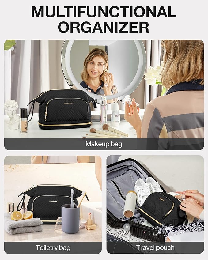 BAGSMART Travel Makeup Bag, Cosmetic Bag Make Up Organizer Case, Large Wide-open Pouch for Women Double Layers Purse for Toiletries Accessories Brushes Black