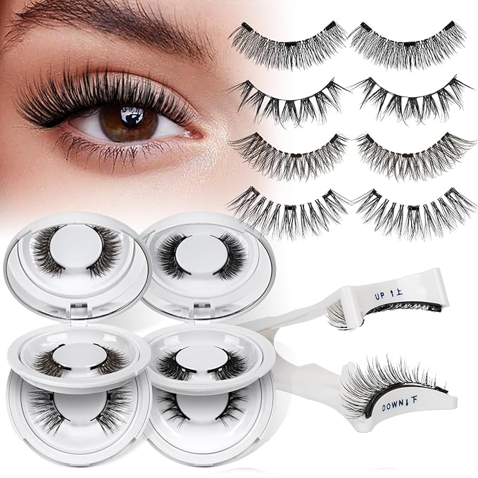QUEWEL Magnetic Eyelashes 4 Pair Reusable Magnetic Eyelashes with Applicator No Glue Needed Eyelashes Natural Look Lash Clusters Kit Easy to Wear and Remove(4 Pairs-A14)
