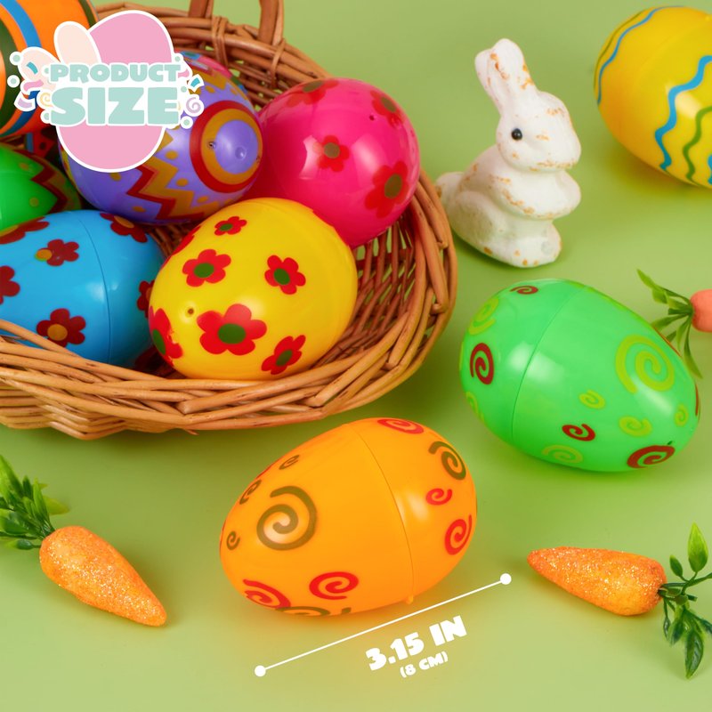 JOYIN Toy 36 PCs Plastic Printed Bright Easter Eggs, Over 3.15'' Tall Fillable Empty Eggs Bulks for Easter Hunt, Basket Stuffers Fillers, Classroom Prize Supplies, Filling Treats and Party Favor