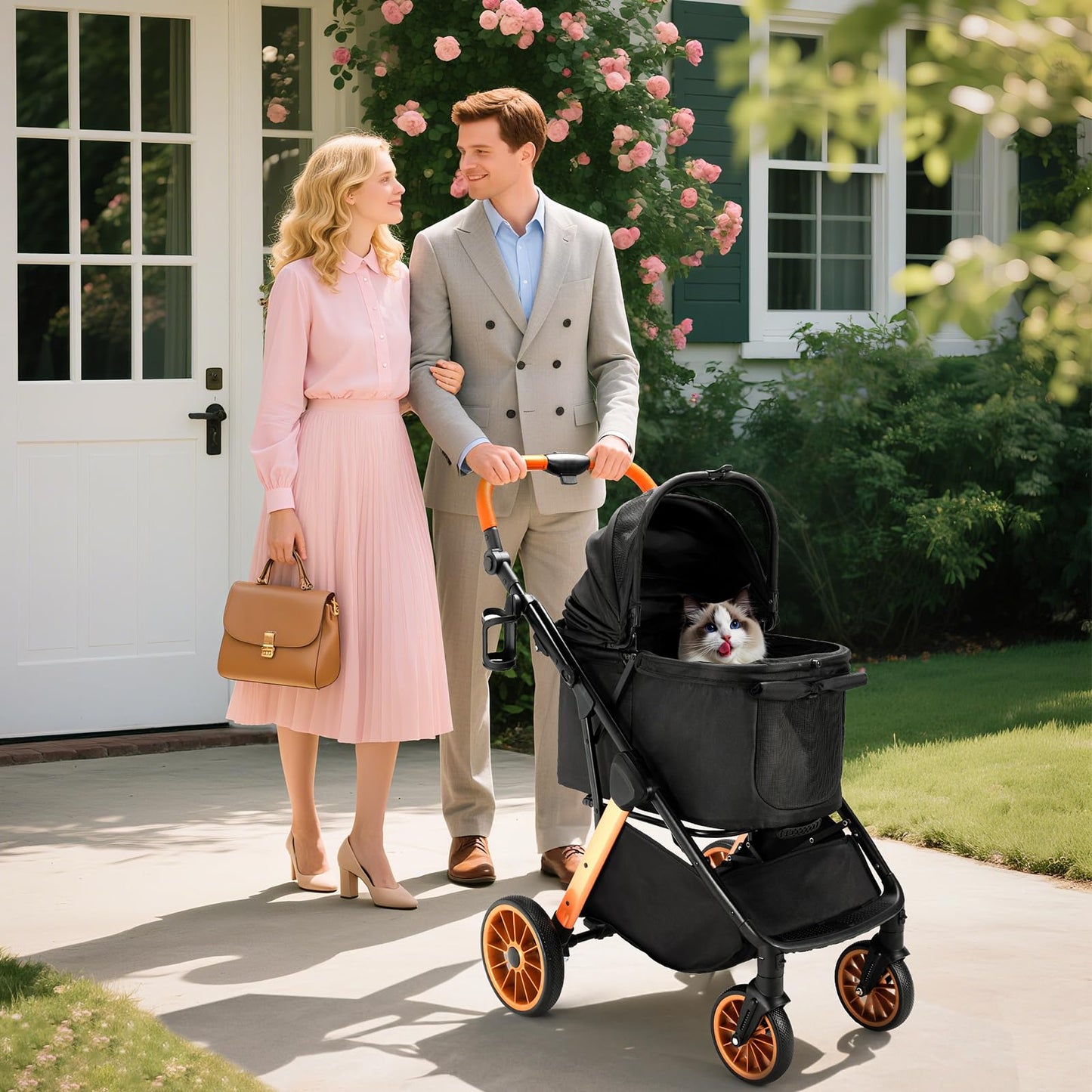 MAMIZO Foldable Dog Stroller for Medium Dogs Cats Up to 33 Lbs, Adjustable Height Handle, Pet Stroller with Aluminum and Carbon Steel Frame, Sun Shades, Storage Basket & Shock Absorbers, All-Terrain