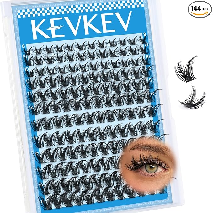 KEVKEV Lash Clusters 144 Pcs Eyelash Clusters Wispy Natural Cluster Eyelash Extension Thin Band & Soft Mix Length Lashes DIY Eyelashes Clusters at Home Easy to Apply(K02,8-18mix)