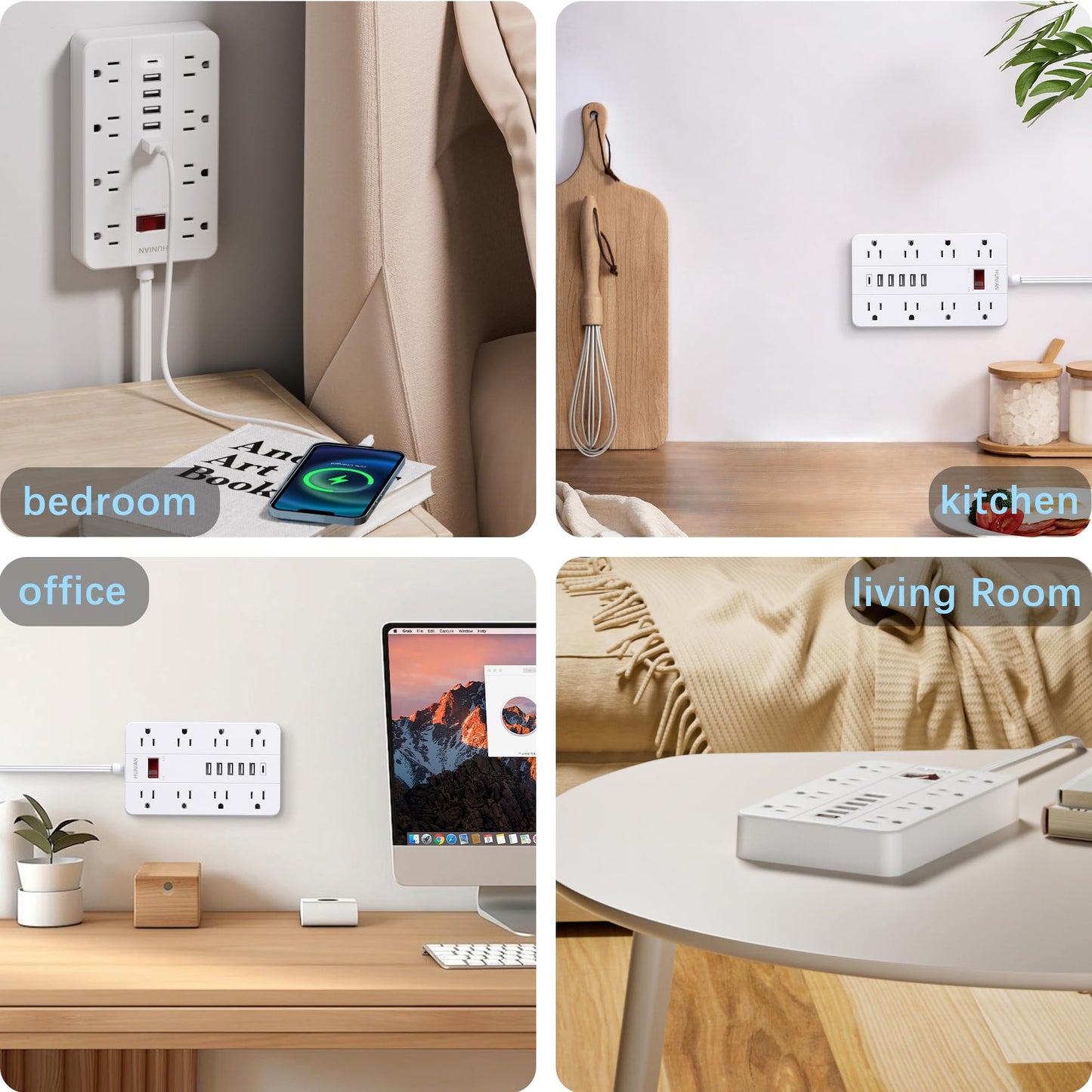 Power Strip with USB, Flat Plug Extension Cord with Multiple Outlets 5 Ft, HUNIAN Power Strip with 8 Widely Spaced Outlets 6 USB Charger (1 USB C Port), Desk Charging Station for Home Office, White