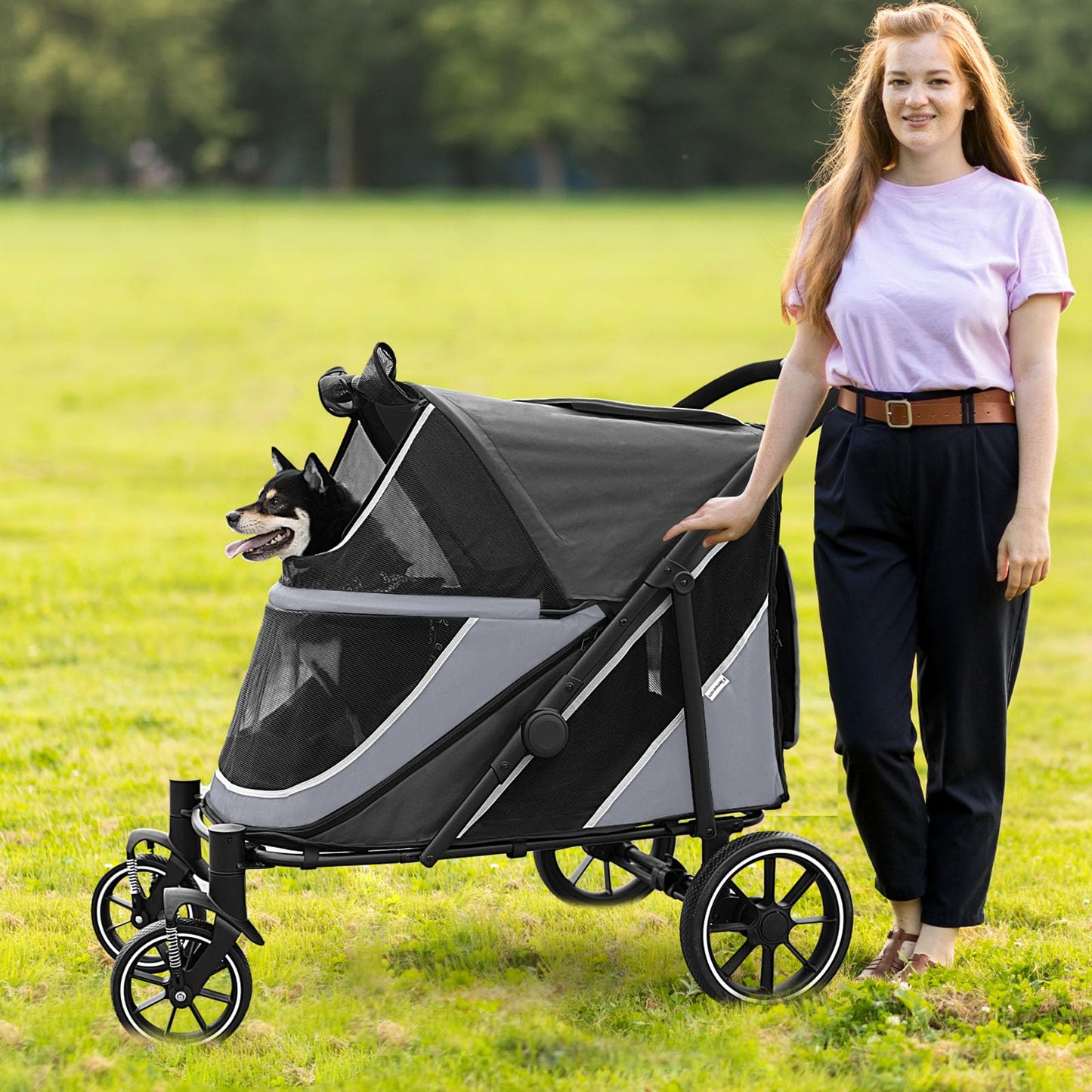 Dog Stroller for Medium/Large Dogs One-Click Folding, Extra Large Pet Stroller for 2 Dogs with Storage Pocket & Shock Absorption, Up to 130 lbs, Grey