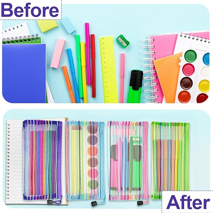 Mesh Bags with Zipper (10 Pack), Small Nylon Makeup Bag Cosmetic Pouches Travel Organizer for Purse Diaper Bag Home Organizing Striped Mix 10 Colors