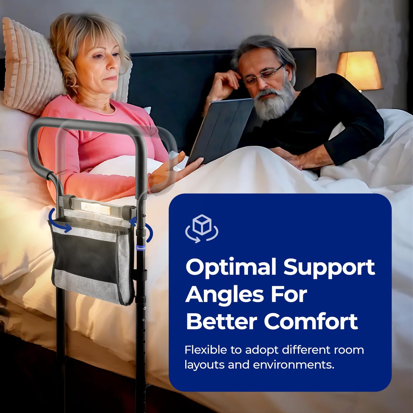 nimood C3 PRO Bed Rails for Seniors Elderly Adults Safety, Adjustable Heights Bed Cane Bed Assist Bar Elderly Assistance Products, with Motion Light- Easy to Get in or Out of Bed with Floor Suppor