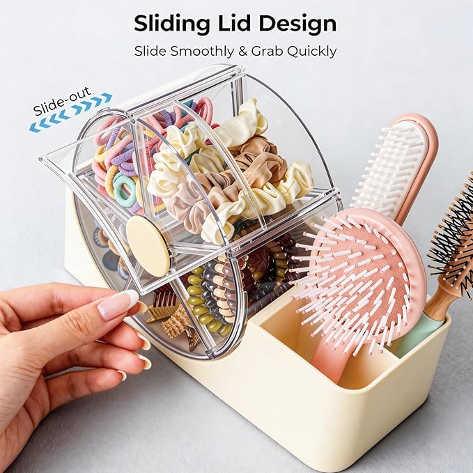 Hair Accessories Organizer for Girls, 2-Slot Hair Brush Holder & 5-Section Rotating Wheel, Cute Makeup Brush Holder for Hair Tile, Clip, Makeup Brush, Earring, Ring, Kids Vanity Accessories (Cream)