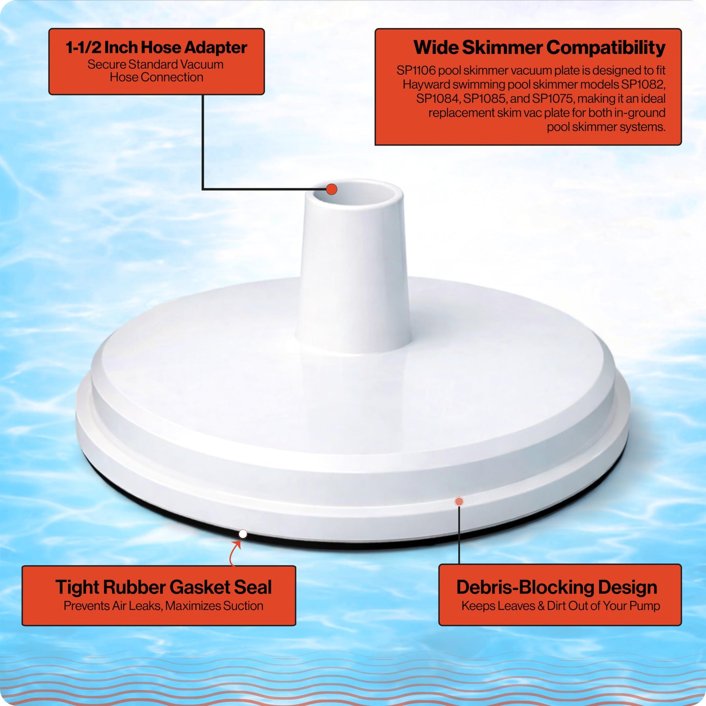Swimables SP1106 Pool Skimmer Vacuum Plate Compatible with Hayward SP1082 SP1084 SP1085 SP1075-7-29/32” Skim Vac Plate with 1-1/2” Hose Adapter for In-Ground Pools Skimmer Replacement Parts