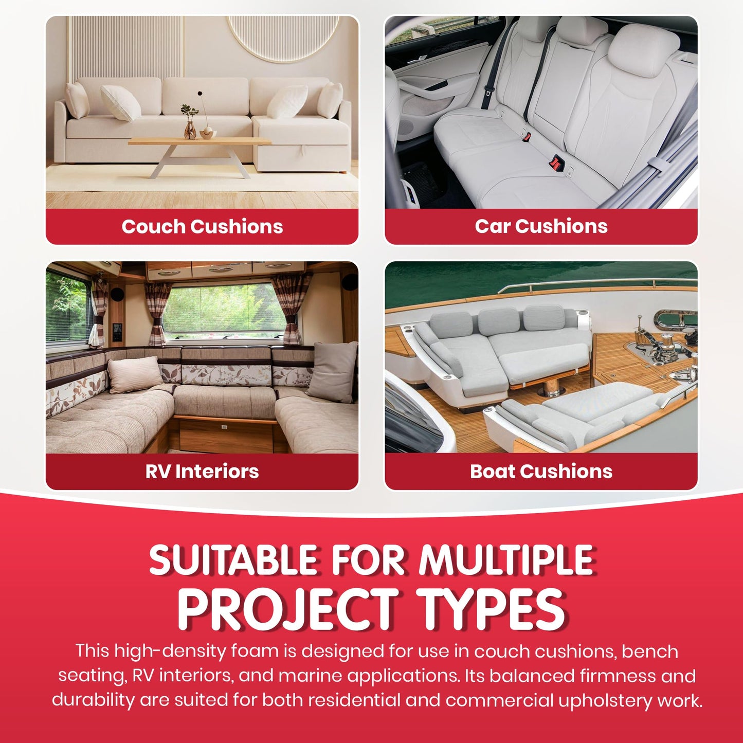 FOAMYFOAM 5Pack High Density 1 inch Thick, 24 inch Wide, 72 inch Long Upholstery Foam, Cushion Replacement