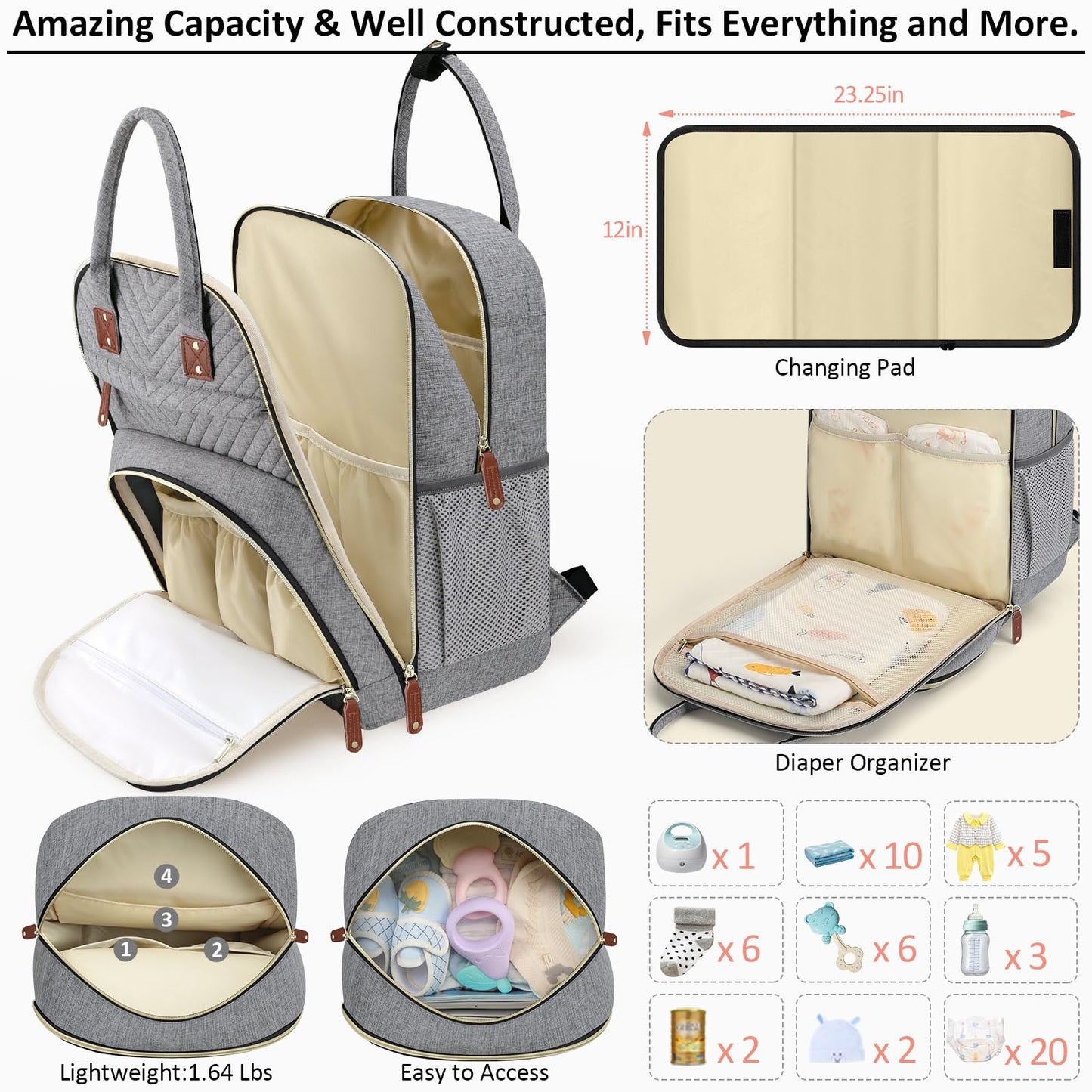 Tenot Diaper Bag Backpack for Women with Changing Pad, Baby Bag with Insulated Pockets Multifunctional Diaper Bags For Baby Girl Boy Waterproof Baby Bags For Boys Girls Maternity Bag Grey
