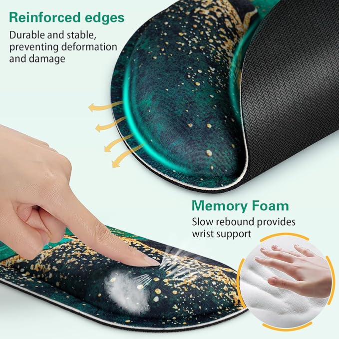 Mouse Pad Green with Wrist Rest Set, 3-in-1 Wrist Support Mousepad Set, Gaming Mat Pad with Anti-Skid Base,Ergonomic Mouse Pad,Memory Foam Gel Wrist Rest for Computer Keyboard