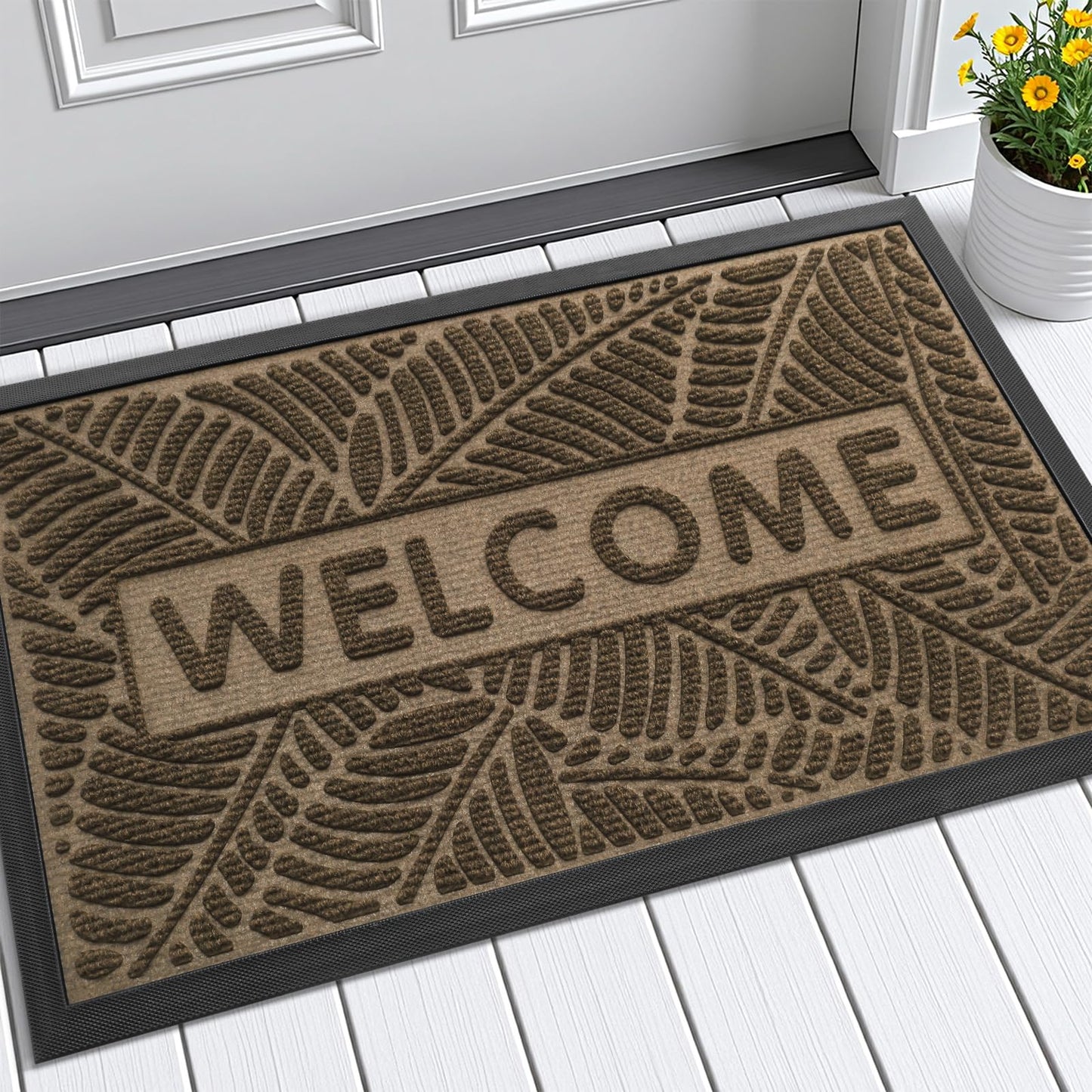 Smiry Welcome Mat Indoor Outdoor, All-Season Waterproof Front Door Mat, Sturdy Natural Rubber Doormat, Non-Slip, Easy Clean, Low Profile Dirt Trapper for Porch Patio Entrance, 59x34, Brown