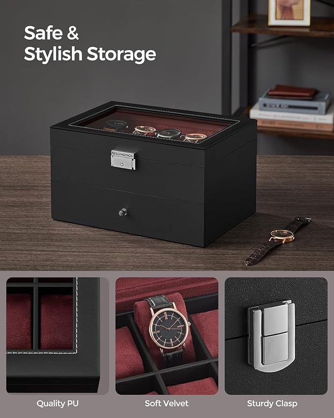 SONGMICS Watch Box, 20-Slot Watch Case Organizer with Large Glass Lid, Removable Pillows, Metal Lock, Gift for Loved Ones, Black Synthetic Leather, Wine Red Lining UJWB020R01