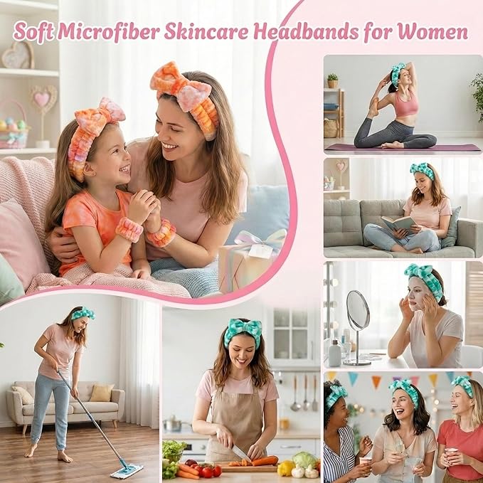 8 Pcs Spa Headband and Wristbands Set for Washing Face, Soft Face Wash Headbands Wrist Bands for Women with Scrunchies, Absorbent Wrist Towels, Makeup Hairband for Skincare, Yoga, and Teen Girls Gifts