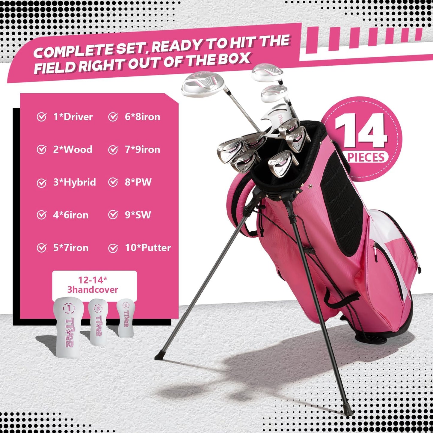 Golf Clubs for Women Left Handed Complete 14-Piece Set with Driver Fairway Hybrid Irons Putter Stand Bag & 3 Headcovers - Beginner Womens Golf Set Pink