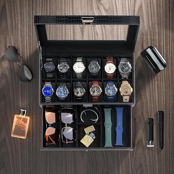 ProCase Watch Box, 12 Slot Mens Watch Case With Drawer, 2-Layer Watch Display Case With Glass Lid, Mens Jewelry Box Storage Holder Organizer, Birthday Valentine Gifts for Men -12Slot, LizardBlack